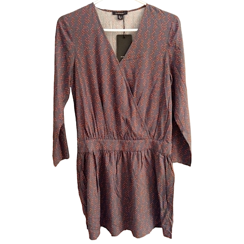 Color Block Long Sleeve Mini Dress, Size Small, Steel Blue/Red & Tan Design
